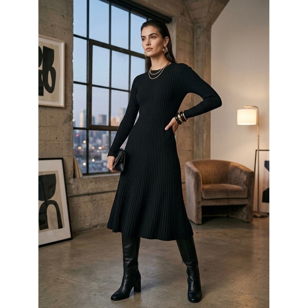 Zara Knit Black Ribbed Long Sleeve Midi Fit and Flare Dress Small